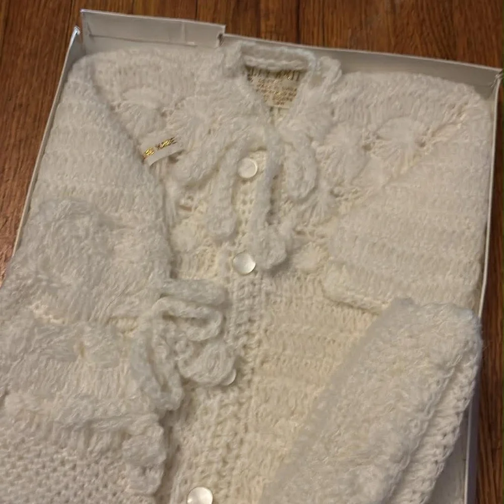 Elegant White Knit Sweater set hat and mittens